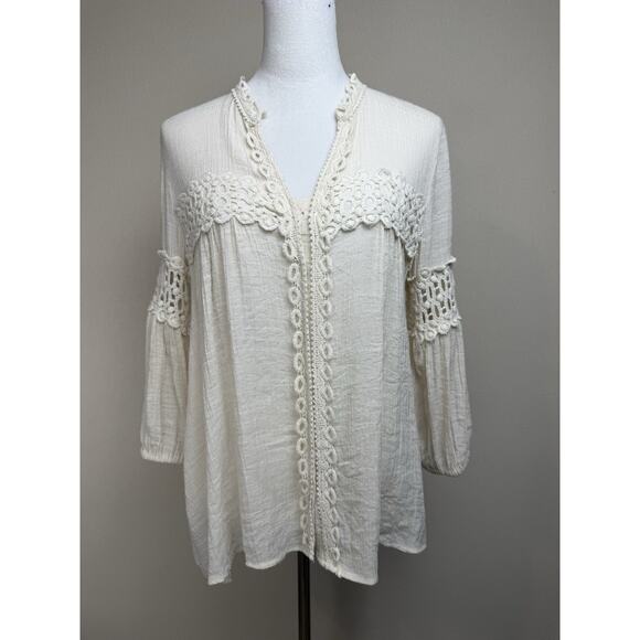 Solitaire Women's Top Blouse Sz L Off White Semi Shear 3/4 Sleeves Embroidered - Picture 1 of 12